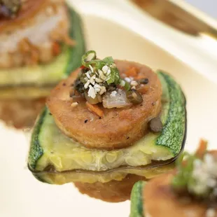 Grilled Zucchini with tofu patty and topped with pickled accouterments @ Reflect Light Photos