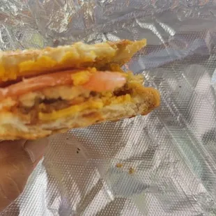 Inside vegan chicken patty sandwich
