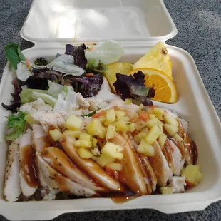regular- teri chicken with pineapple salsa over brown rice, tossed salad, fruit