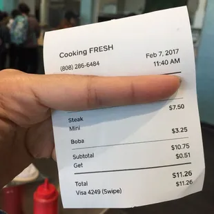 Receipt steak mini $7.50 and Lilikoi (popping) boba $3.25