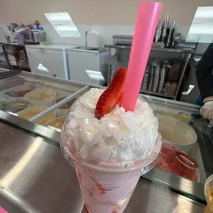Strawberry crème shake and a view of the operation