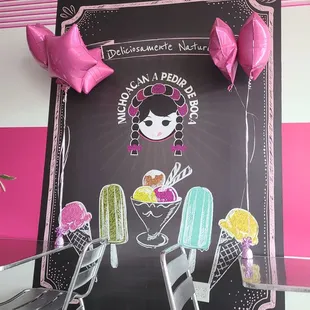a chalkboard with a drawing of a girl and ice cream cones