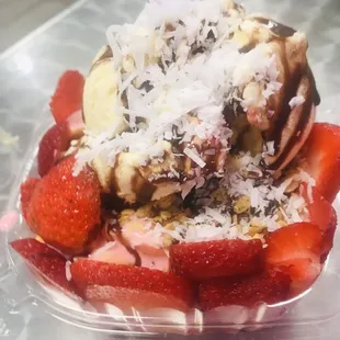 Fruit salad with Rum Raisin ice cream and coconut - fruit - strawberry, pineapple, mango, watermelon