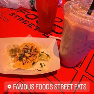 Chicken taco, horchata, strawberry lemonade