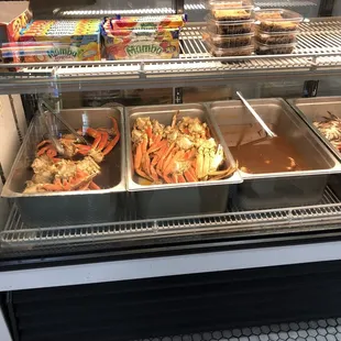 a display case filled with food