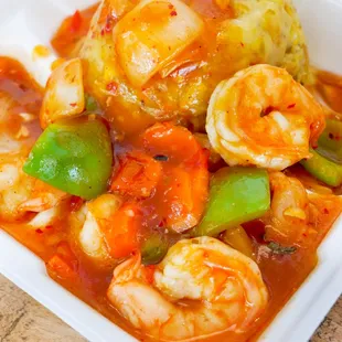 enchilado shrimp with mofongo plate