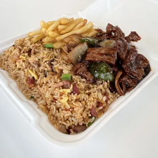 Pepper steak fried rice plate.