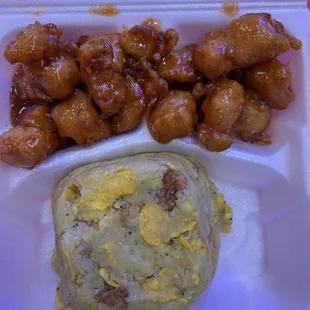 Orange chicken and mofongo