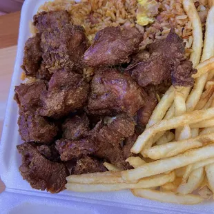 Carne frita with pork fried rice and french fries