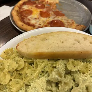 Creamy Pesto Bowtie pasta and gluten free pepperoni Gluten Free.