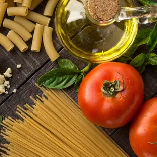 pasta, tomatoes, basil, and spices