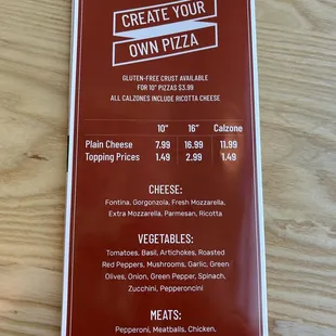a menu for a pizza restaurant