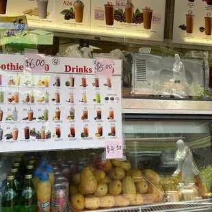 a display of smoothie drinks