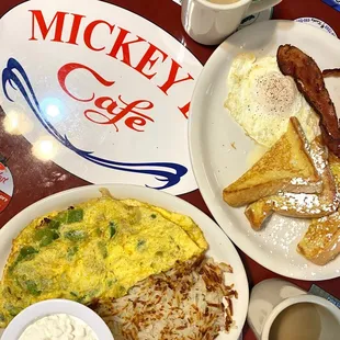 Veggie Omelet, Hashbrowns or Homefries, French toast, egg, bacon and coffee