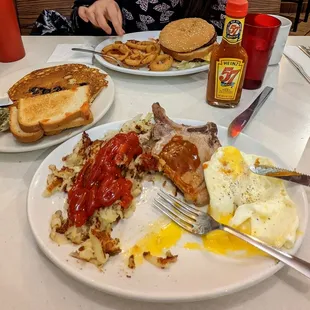 Porkchops, pancake, onion rings