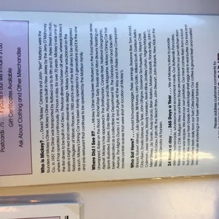 History on back of menu.