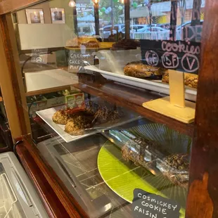 a display case filled with food