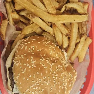 Bacon Cheeseburger with fries.