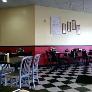 dining area with checkered floor