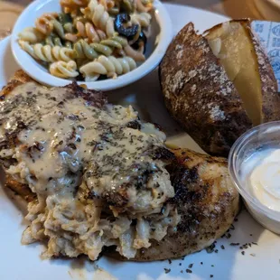 A chicken Chesapeake type amalgamation. Out of all this the potato and sour cream were the best parts IIRC. Pasta salad gets two thumbs down