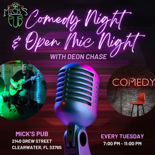 Kick off every Tuesday night with laughter and mic drops at Mick&apos;s Pub! 7p-11p.