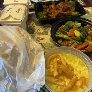 Egg Drop Soup, Eight Crab Rangoon, Beef with Broccoli, General Tso's Chicken, White Rice