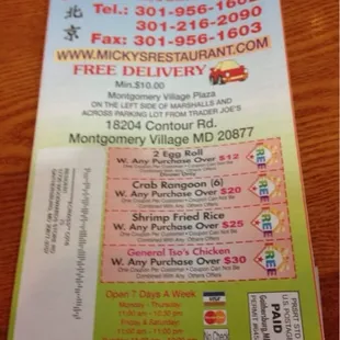 Front of the menu; free delivery with a minimum order of $10