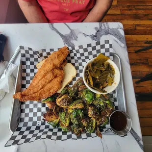 Fried catfish, Down South Fried Brussel Sprouts, and collard greens.