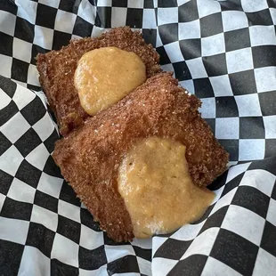 Corn bread bites with sweet potato drizzle
