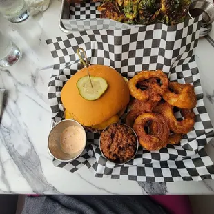 Build your own cheeseburger and onion rings.
