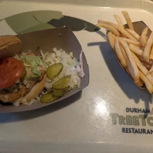 Grilled chicken sandwich w/ gluten free bread and french fries