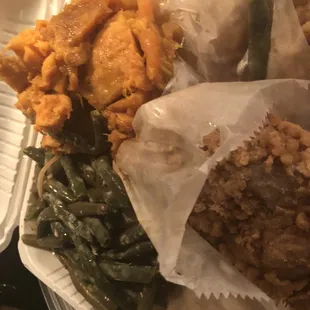 Molded green beans.. Sweet potatoes.. Pork chops..