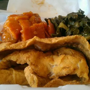 Whiting(3 pcs), candied yams, collard greens