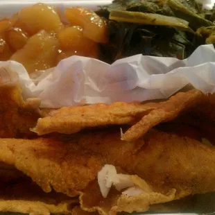 Whiting(3pcs), candied apples, Collard greens