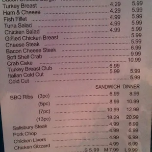 Sandwiches/Subs Menu