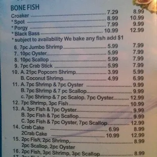 Menu fish sandwiches/dinners
