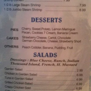 Desserts Salads Menu