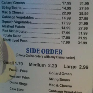 Side Orders, etc Menu