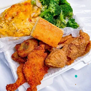 Cheesy potato, steamed broccoli, cornbread, fried oyster, fried whiting, fried shrimp
