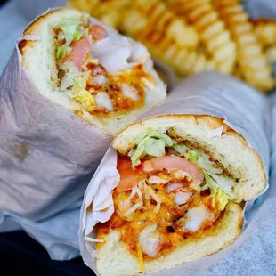 a burrito and french fries