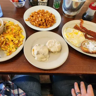 Migas, potatoes, cinnamon french toast, and biscuits and gravy