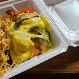 West Coast Benedict (please note the avocados they think are ok to consume)