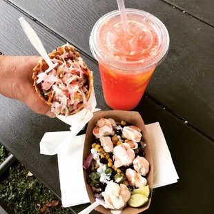Watermelon lemonade from Cool Fruit Sensations and drunken pig cone and Spicy Chilled Broiled Shrimp from Food Drunk