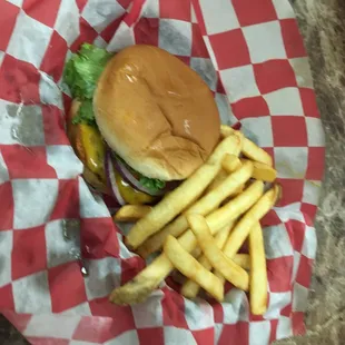 a cheeseburger and fries