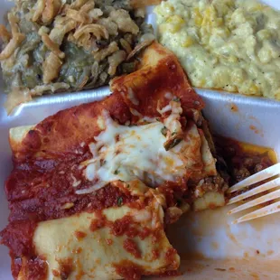 Beef Stroganoff, cream corn, green bean casserole ($8.00)