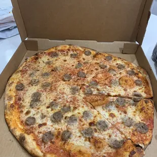 Large sausage. Good crust; can&apos;t wait to dine in (this was delivery)