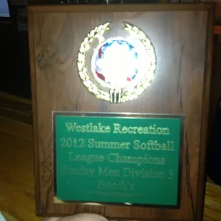 a plaque for the 2012 summer softball league