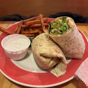 Buffalo chicken wrap with sweet potato fries. (Grilled chicken)