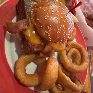 Meatloaf sandwich special with battered onion rings