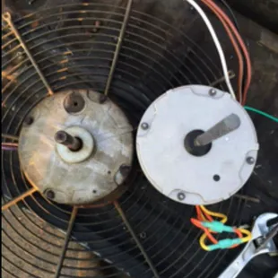 Condenser fan motor went out(left).Tony quickly replaced it with a brand new one(right).